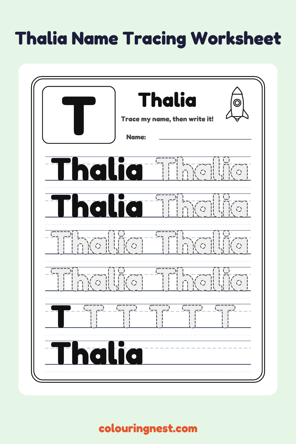 Thalia Name Tracing Worksheet: free printable black-and-white line art