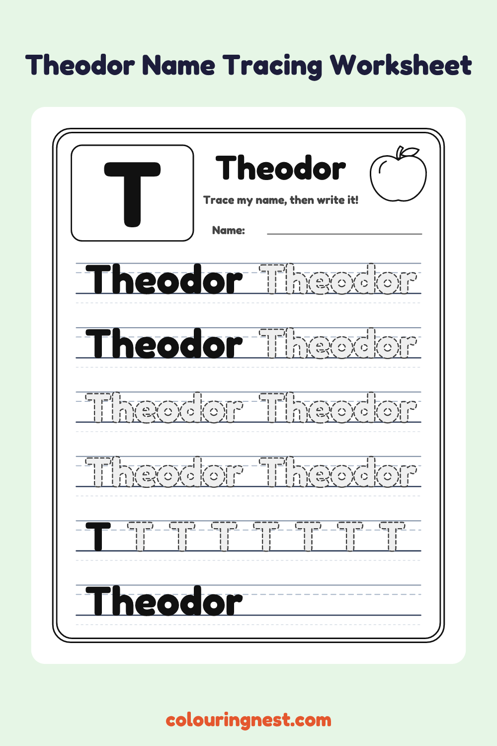 Theodor Name Tracing Worksheet: free printable black-and-white line art