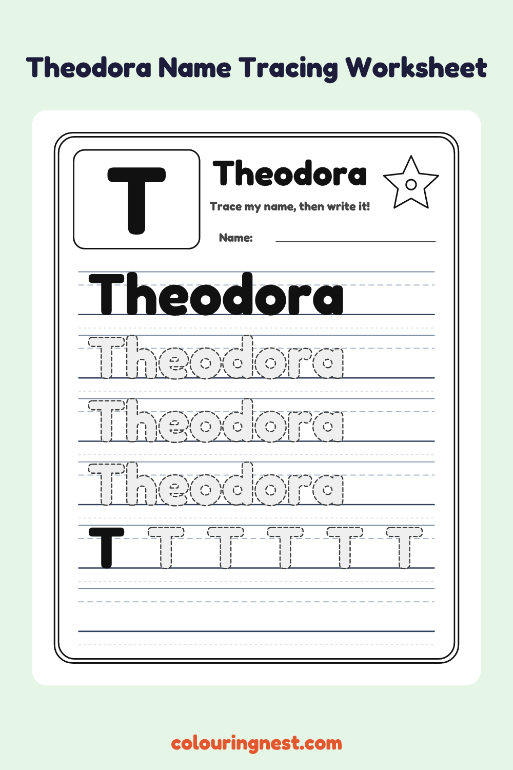 Theodora Name Tracing Worksheet: free printable black-and-white line art