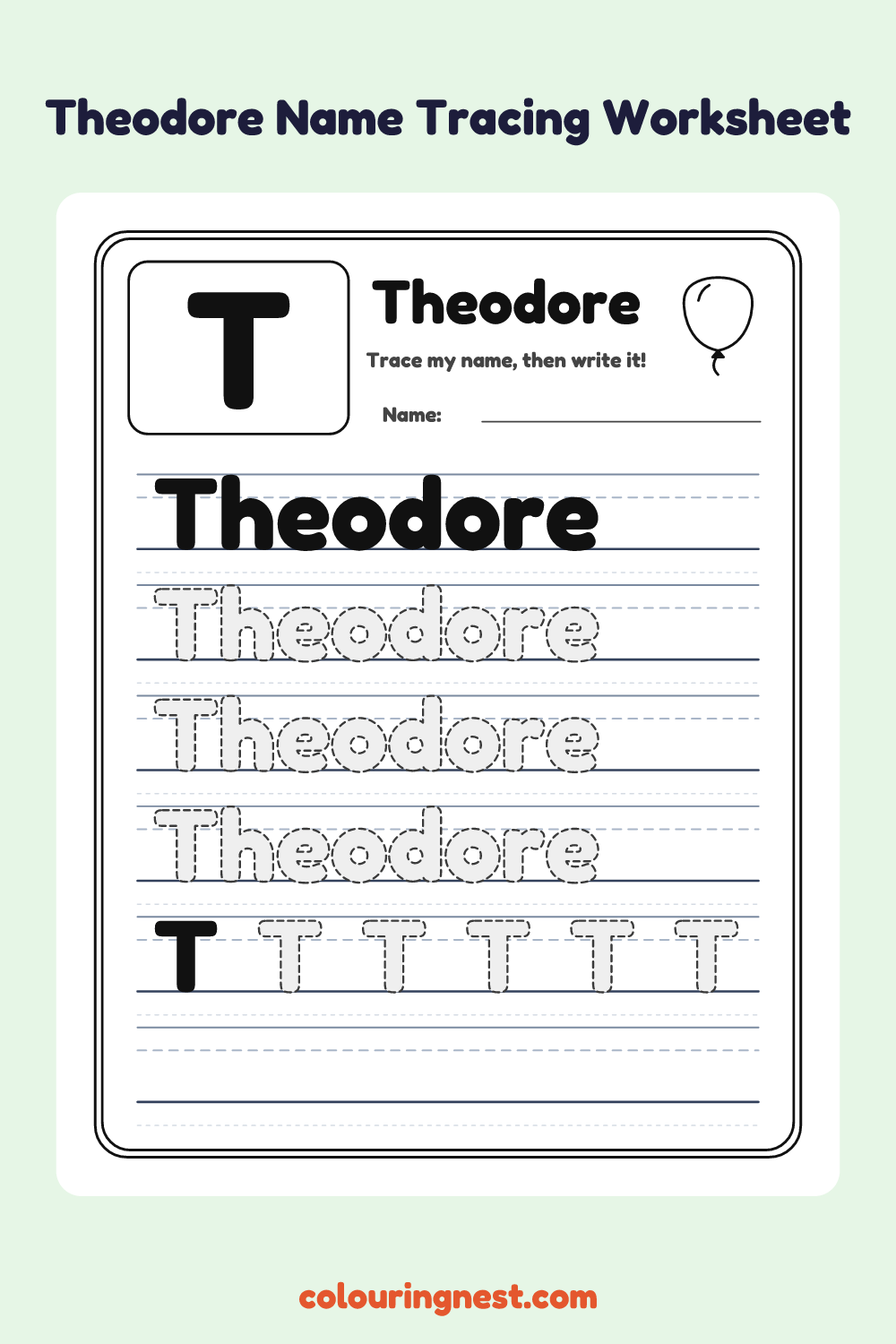 Theodore Name Tracing Worksheet: free printable black-and-white line art
