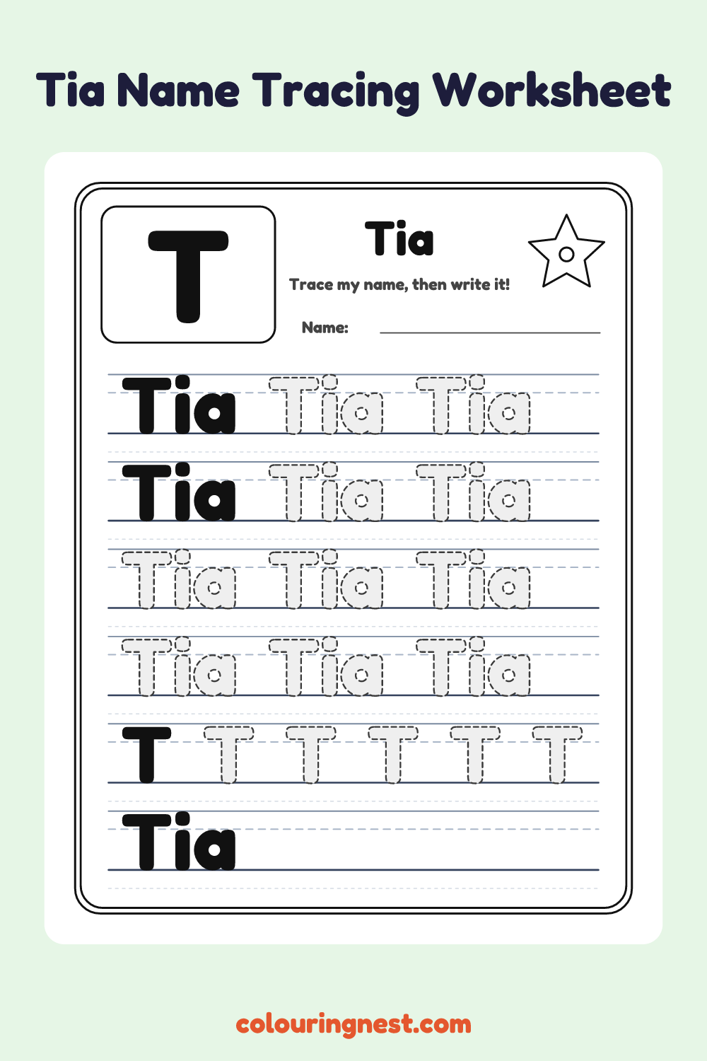 Tia Name Tracing Worksheet: free printable black-and-white line art