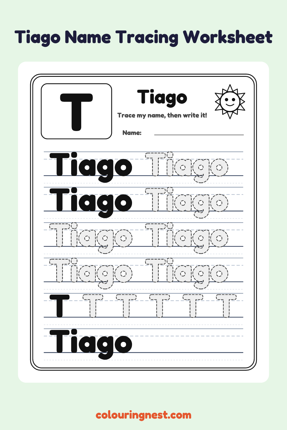 Tiago Name Tracing Worksheet: free printable black-and-white line art