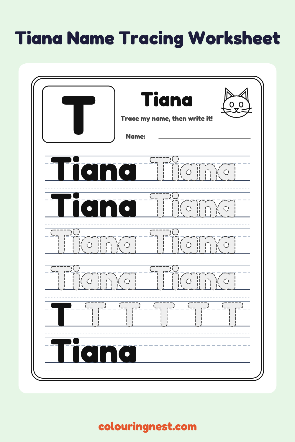 Tiana Name Tracing Worksheet: free printable black-and-white line art
