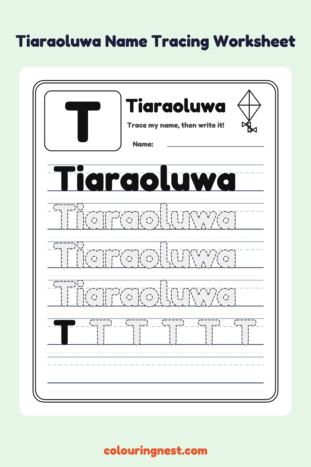 Tiaraoluwa Name Tracing Worksheet: free printable black-and-white line art