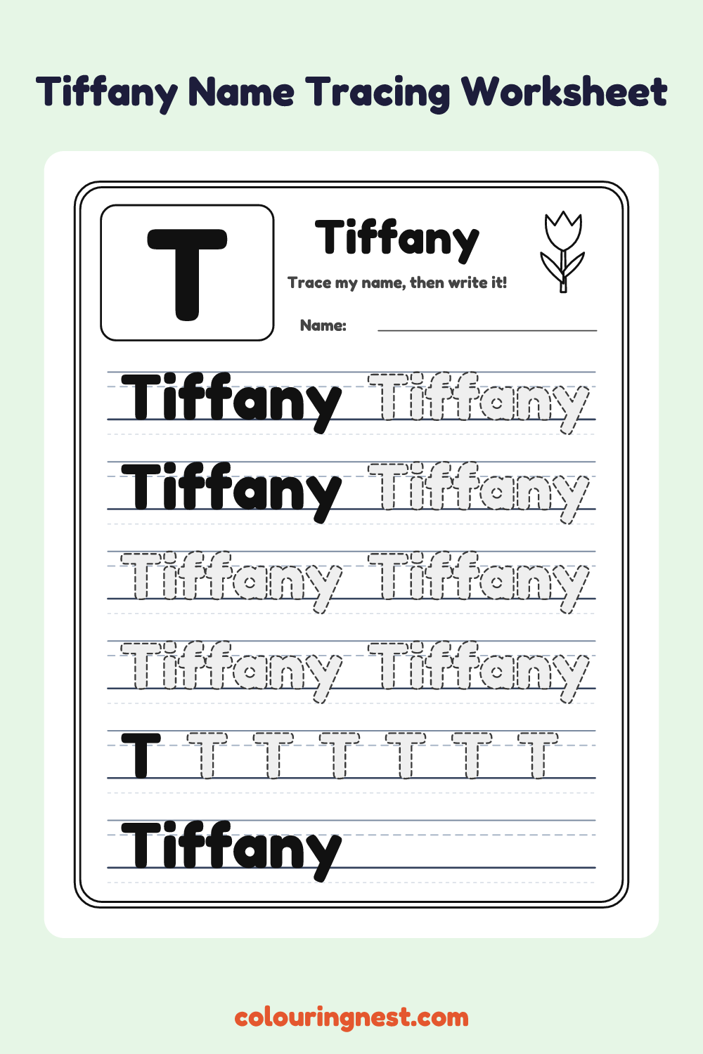 Tiffany Name Tracing Worksheet: free printable black-and-white line art