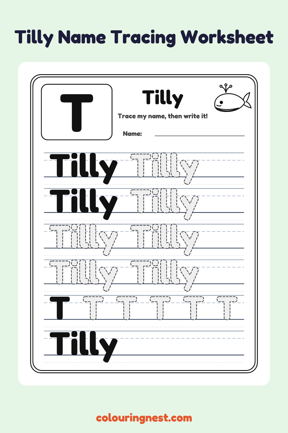 Tilly Name Tracing Worksheet: free printable black-and-white line art