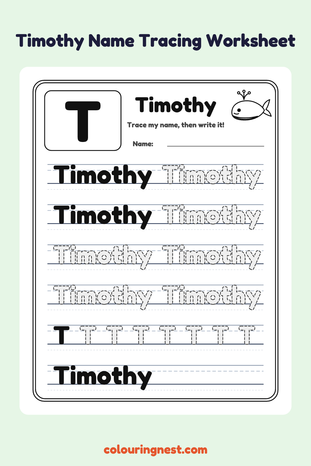 Timothy Name Tracing Worksheet: free printable black-and-white line art