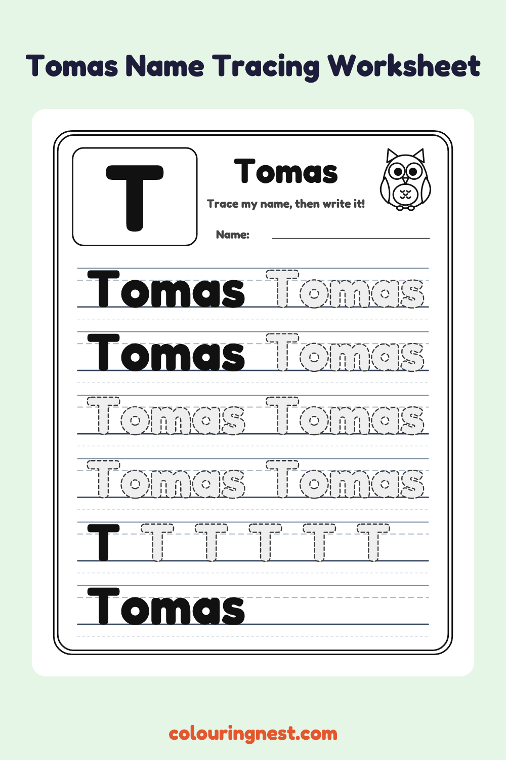 Tomas Name Tracing Worksheet: free printable black-and-white line art