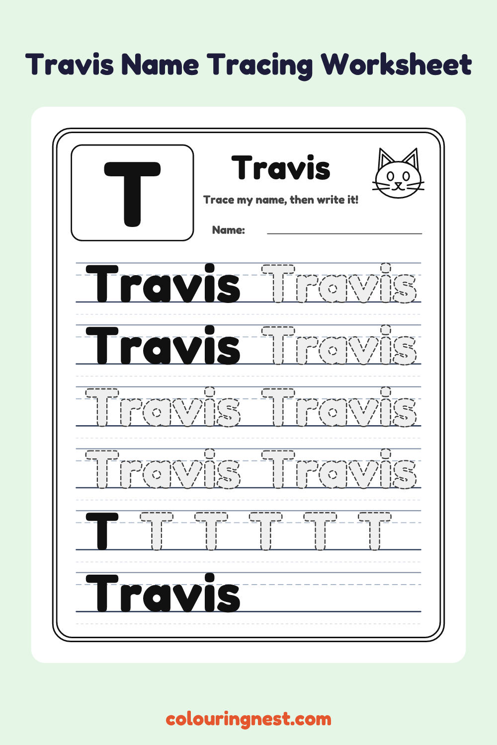Travis Name Tracing Worksheet: free printable black-and-white line art