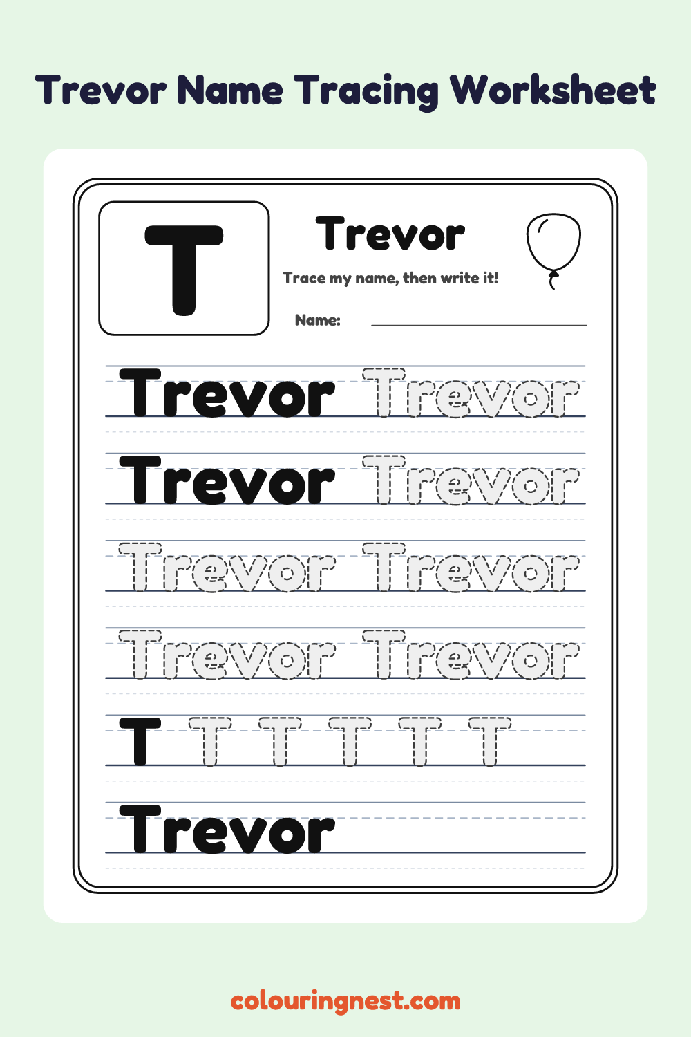 Trevor Name Tracing Worksheet: free printable black-and-white line art