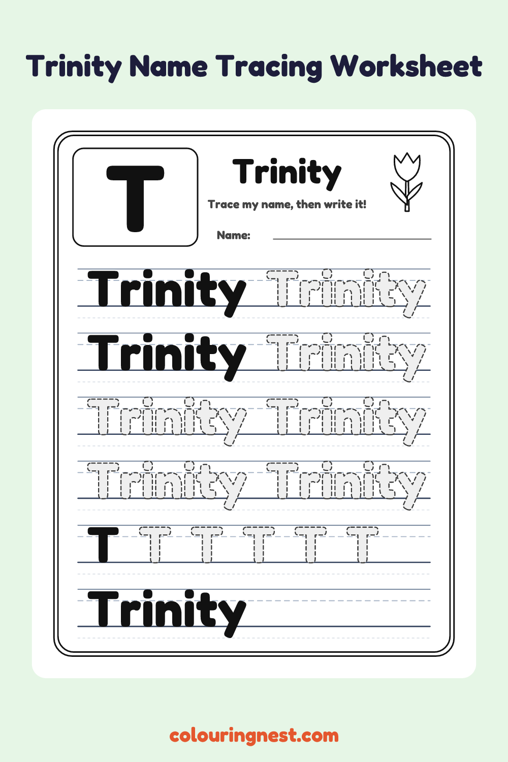 Trinity Name Tracing Worksheet: free printable black-and-white line art