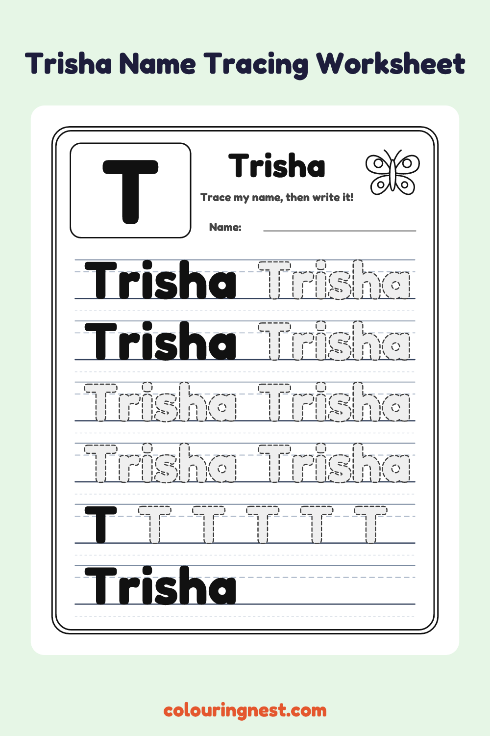 Trisha Name Tracing Worksheet: free printable black-and-white line art