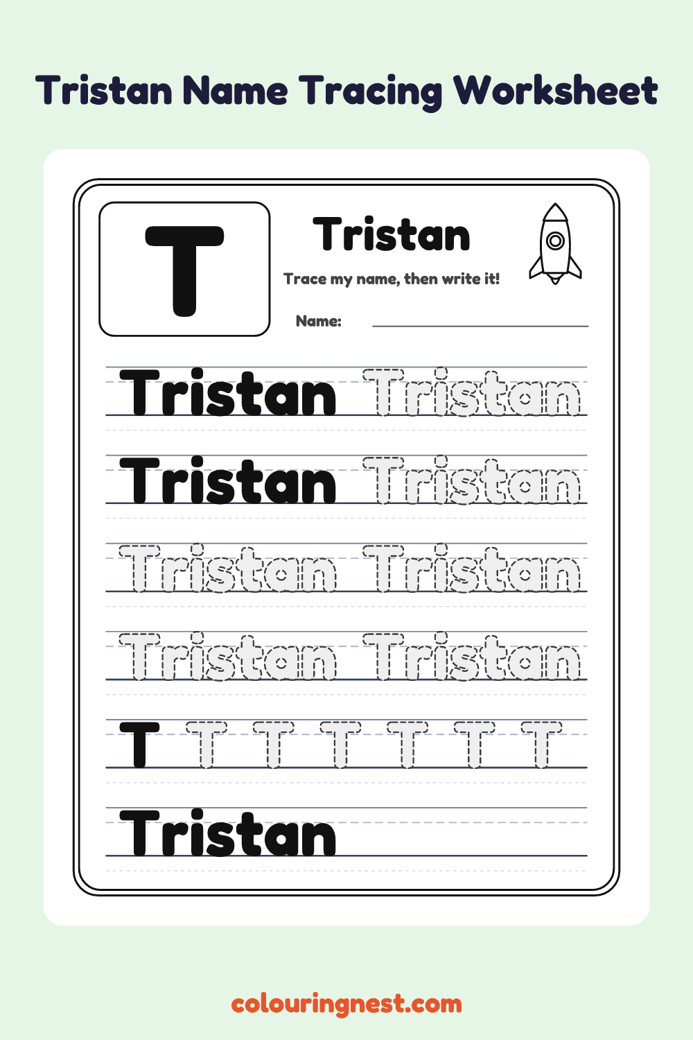 Tristan Name Tracing Worksheet: free printable black-and-white line art
