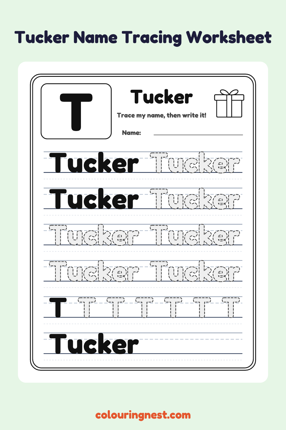 Tucker Name Tracing Worksheet: free printable black-and-white line art