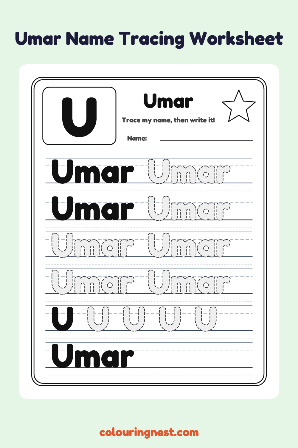 Umar Name Tracing Worksheet: free printable black-and-white line art