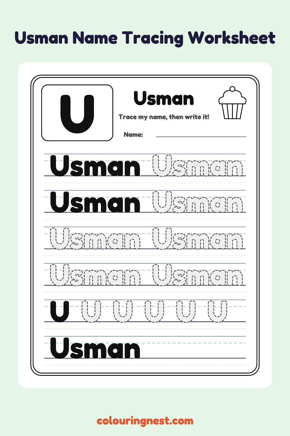 Usman Name Tracing Worksheet: free printable black-and-white line art