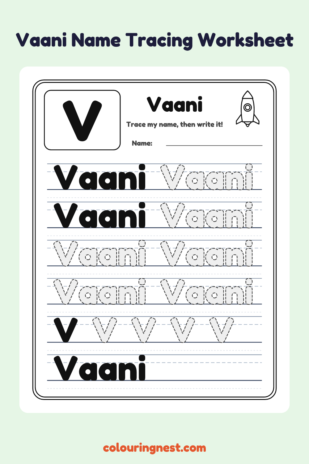 Vaani Name Tracing Worksheet: free printable black-and-white line art