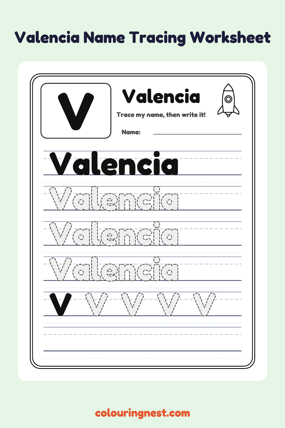 Valencia Name Tracing Worksheet: free printable black-and-white line art