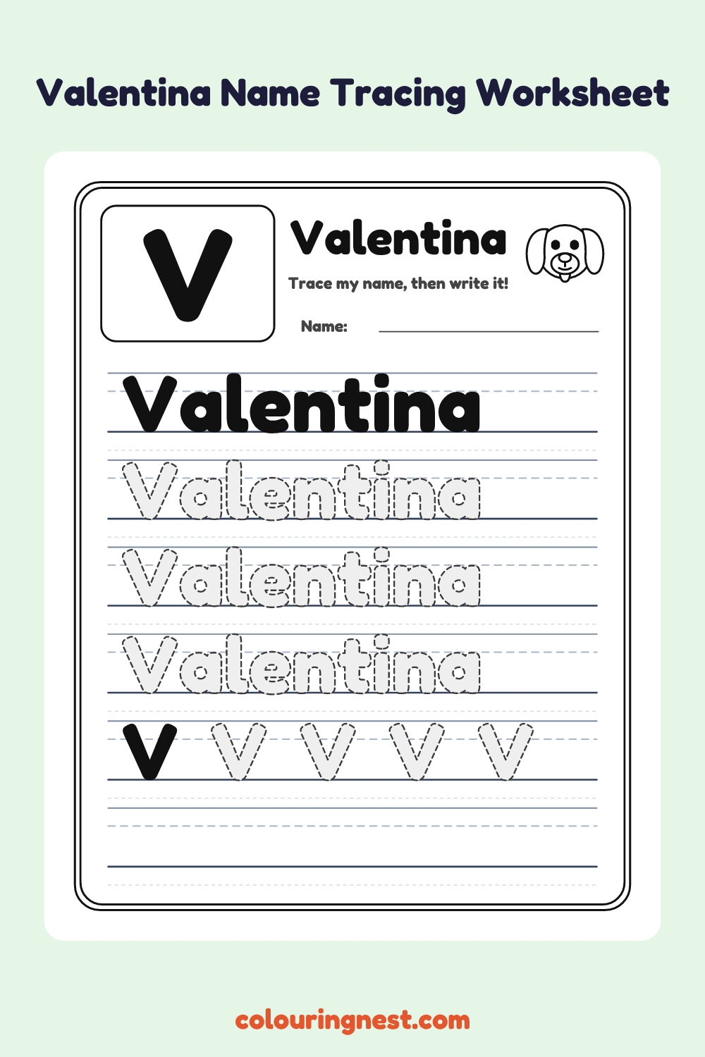 Valentina Name Tracing Worksheet: free printable black-and-white line art