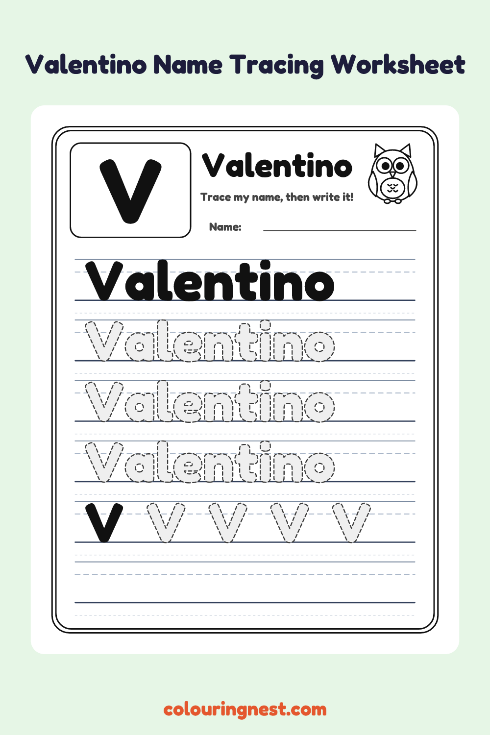 Valentino Name Tracing Worksheet: free printable black-and-white line art