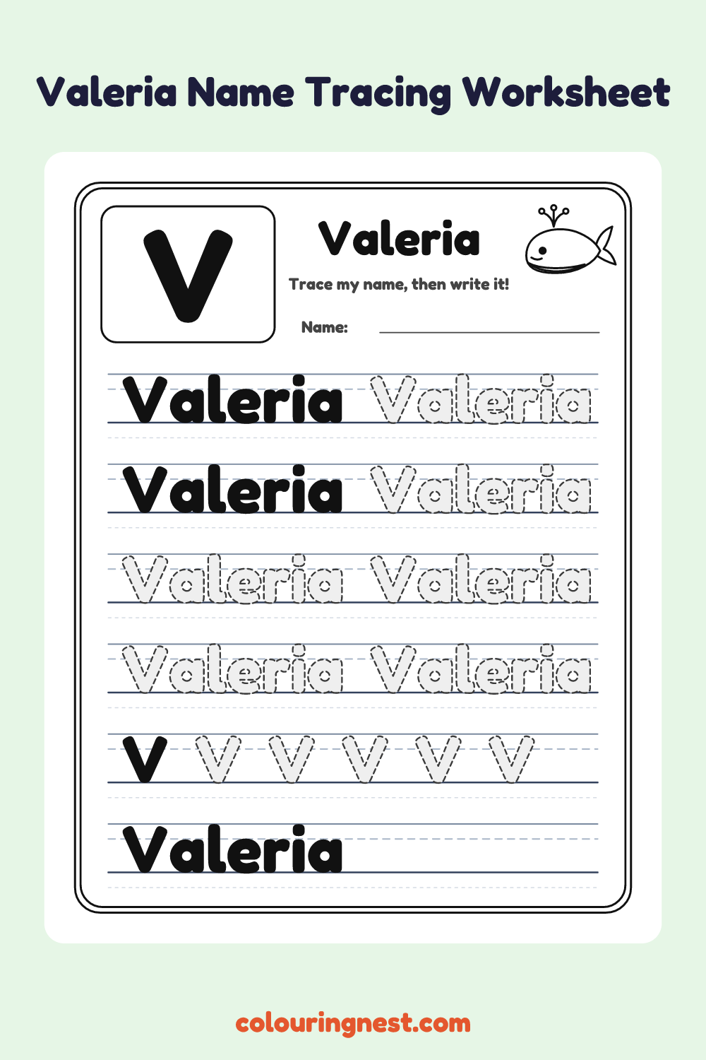 Valeria Name Tracing Worksheet: free printable black-and-white line art
