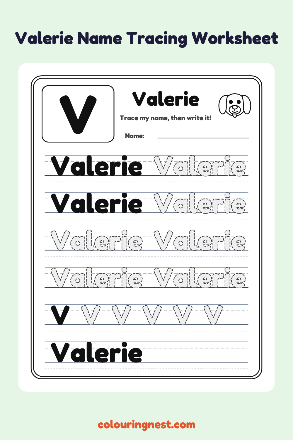 Valerie Name Tracing Worksheet: free printable black-and-white line art