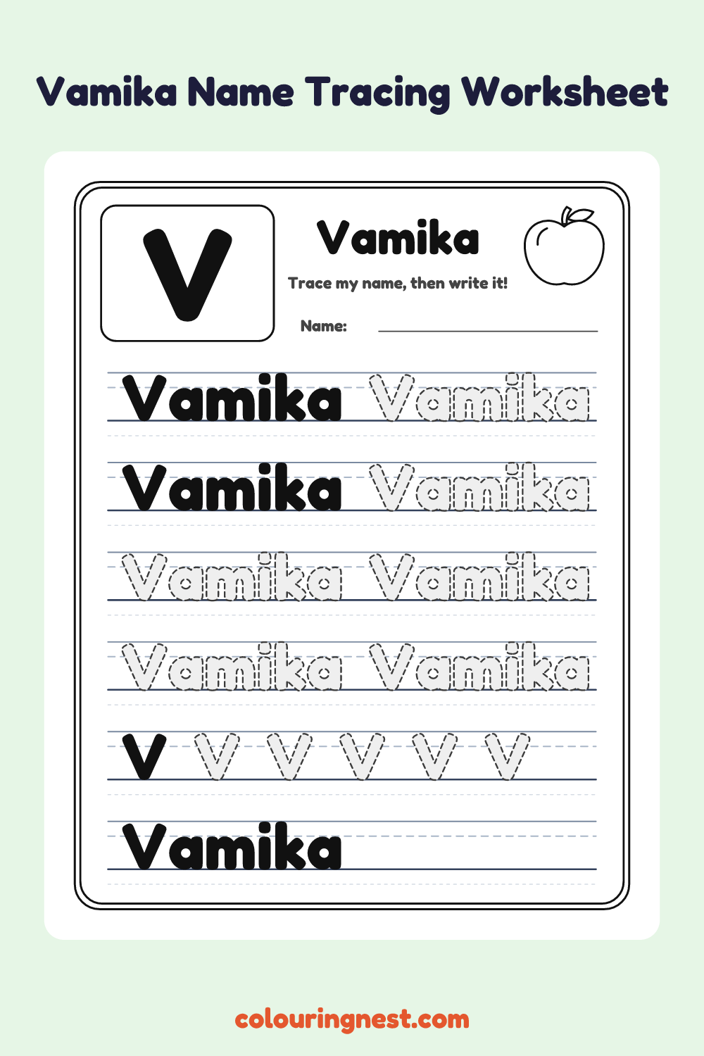 Vamika Name Tracing Worksheet: free printable black-and-white line art