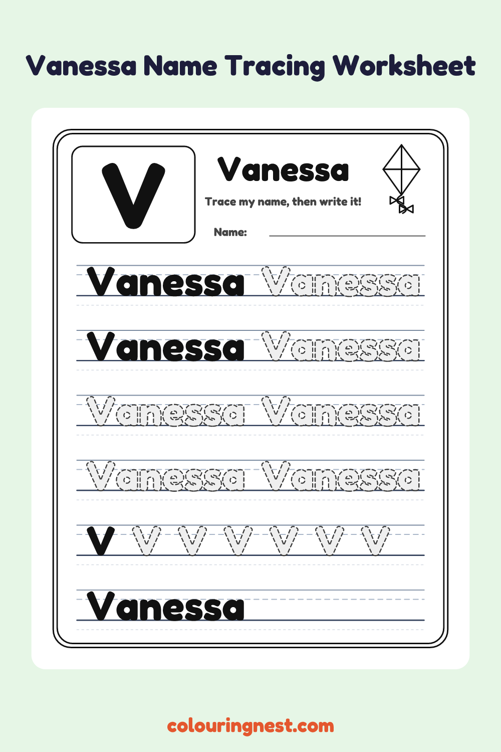 Vanessa Name Tracing Worksheet: free printable black-and-white line art