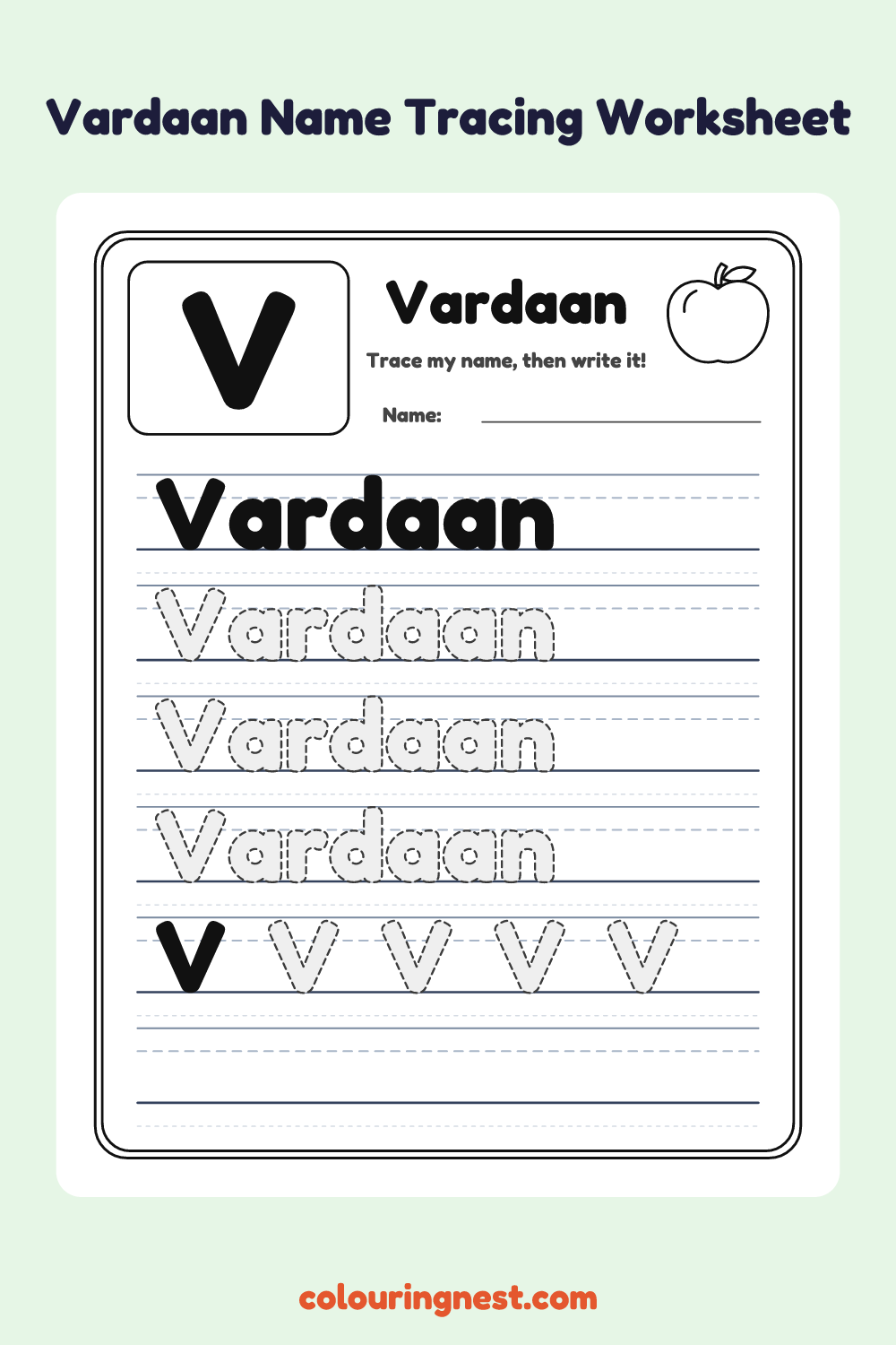 Vardaan Name Tracing Worksheet: free printable black-and-white line art