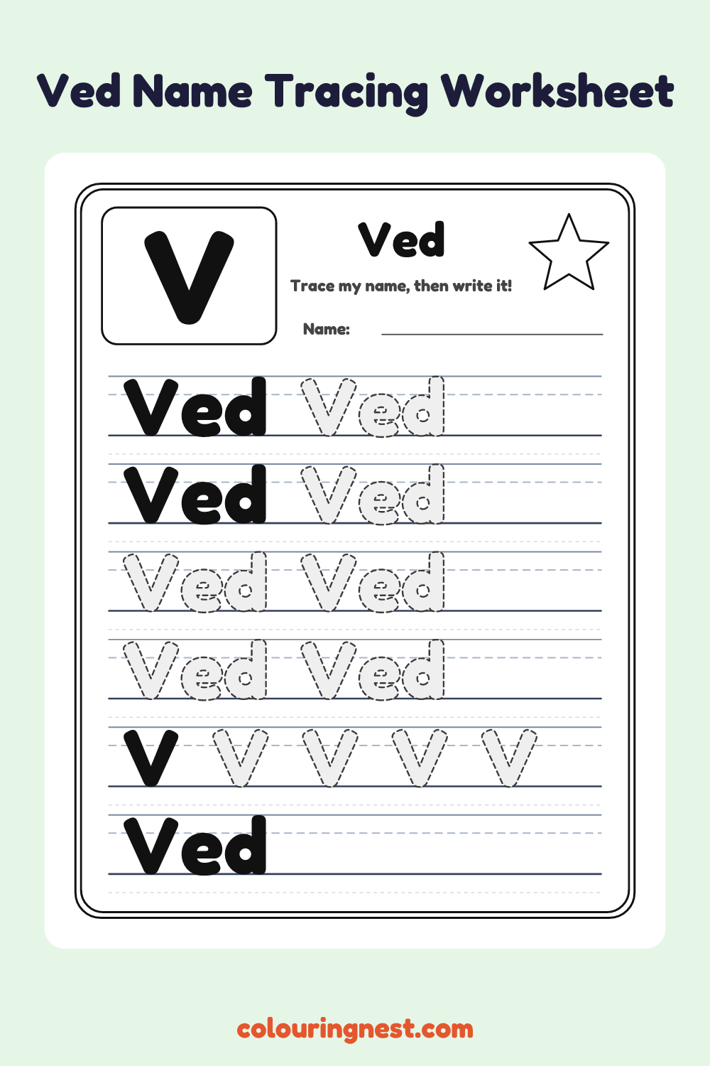 Ved Name Tracing Worksheet: free printable black-and-white line art