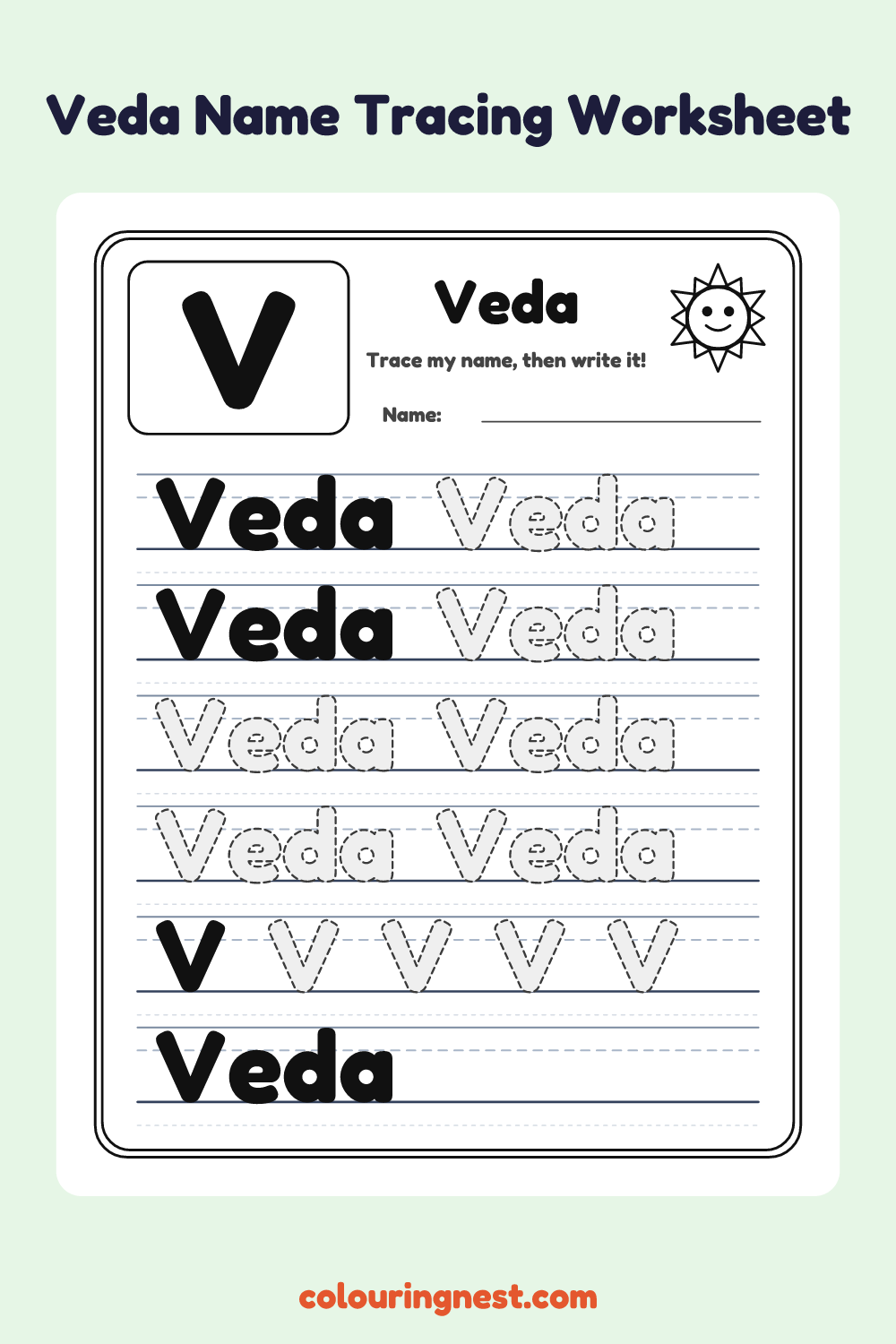 Veda Name Tracing Worksheet: free printable black-and-white line art