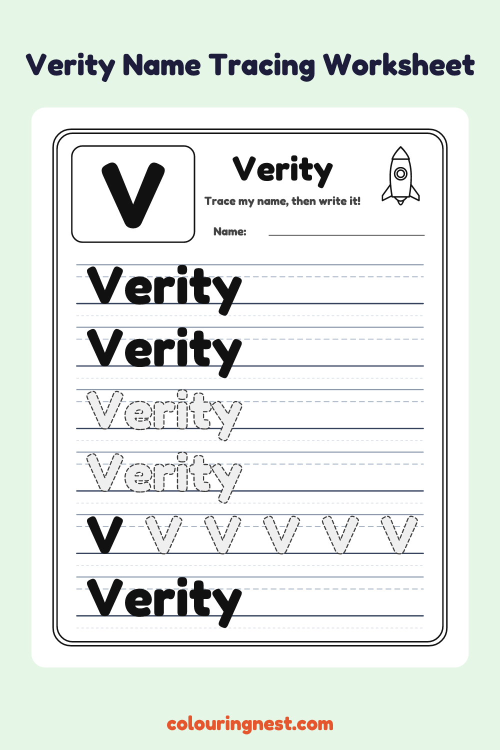 Verity Name Tracing Worksheet: free printable black-and-white line art