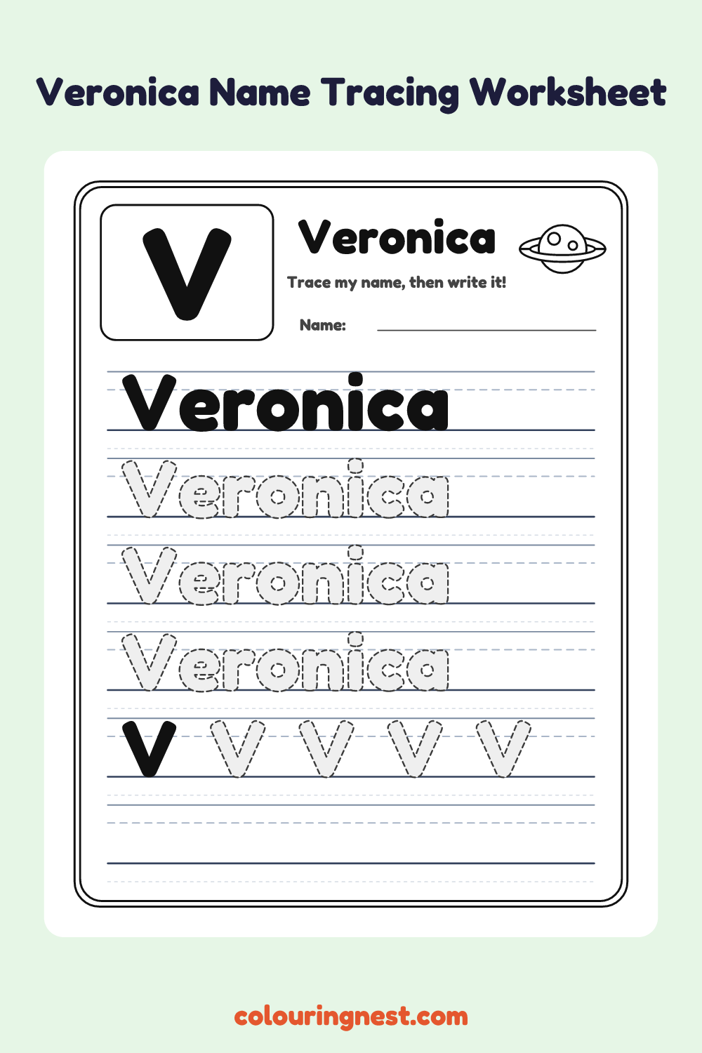 Veronica Name Tracing Worksheet: free printable black-and-white line art