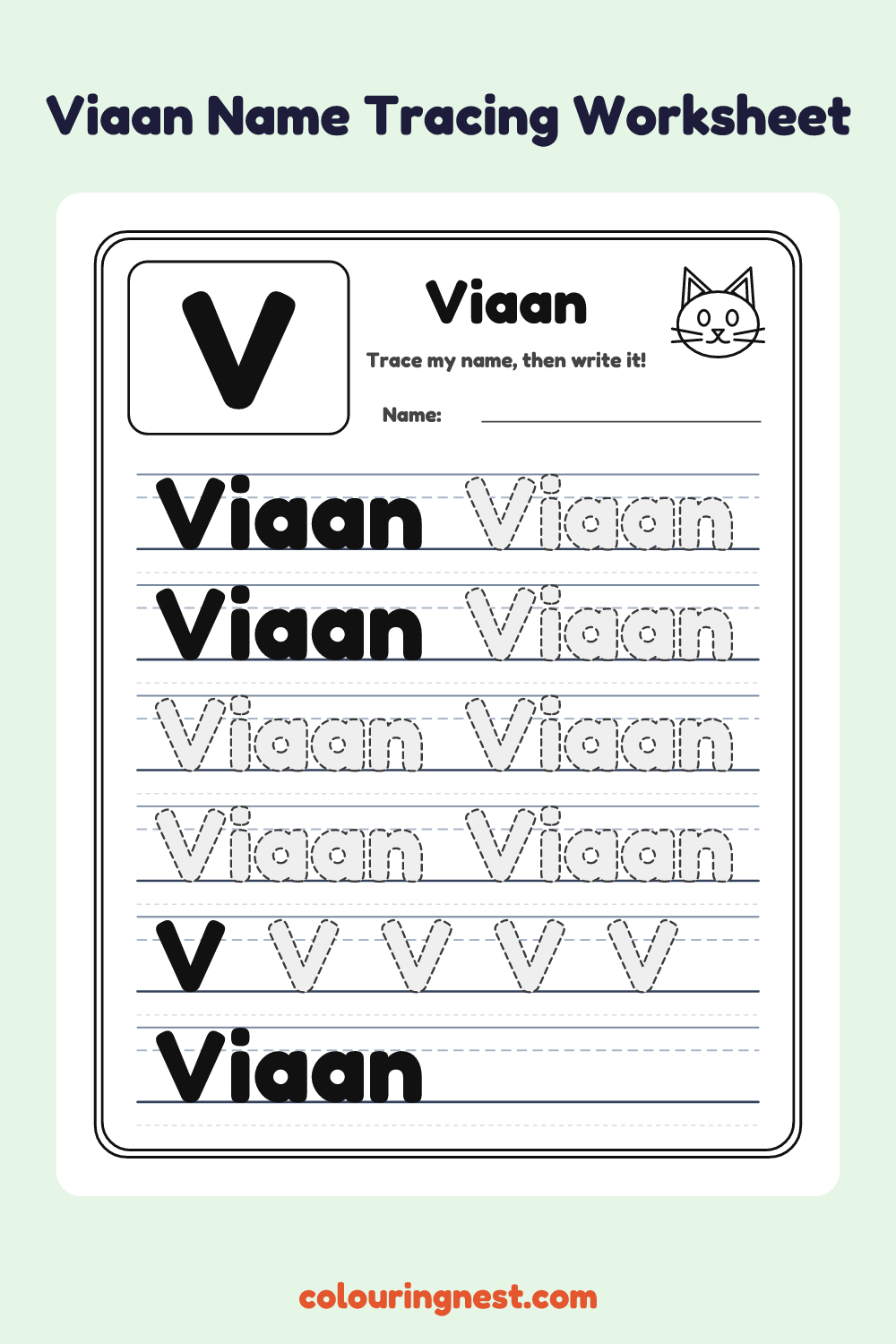 Viaan Name Tracing Worksheet: free printable black-and-white line art