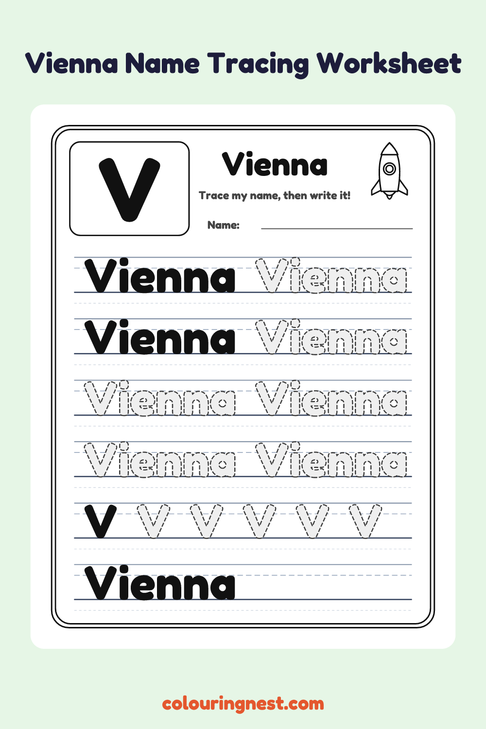 Vienna Name Tracing Worksheet: free printable black-and-white line art