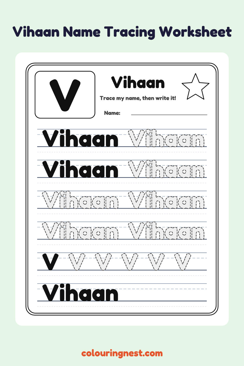 Vihaan Name Tracing Worksheet: free printable black-and-white line art