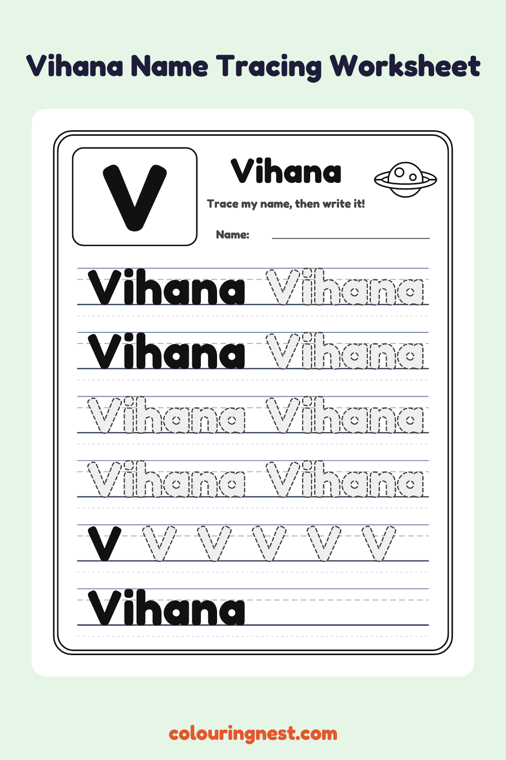 Vihana Name Tracing Worksheet: free printable black-and-white line art