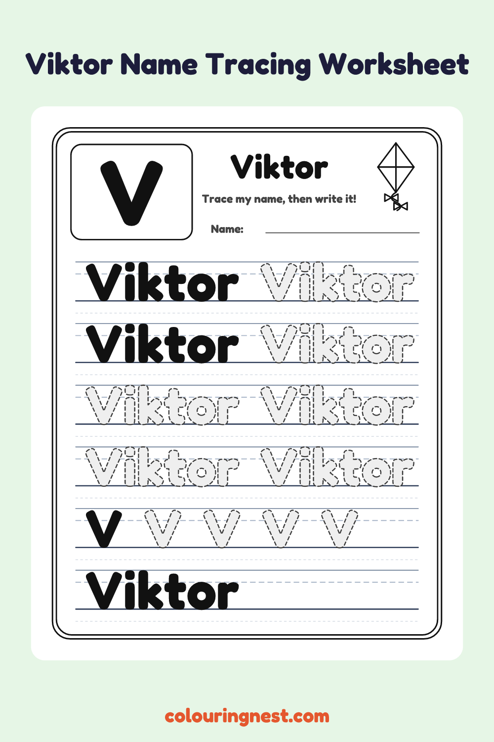 Viktor Name Tracing Worksheet: free printable black-and-white line art