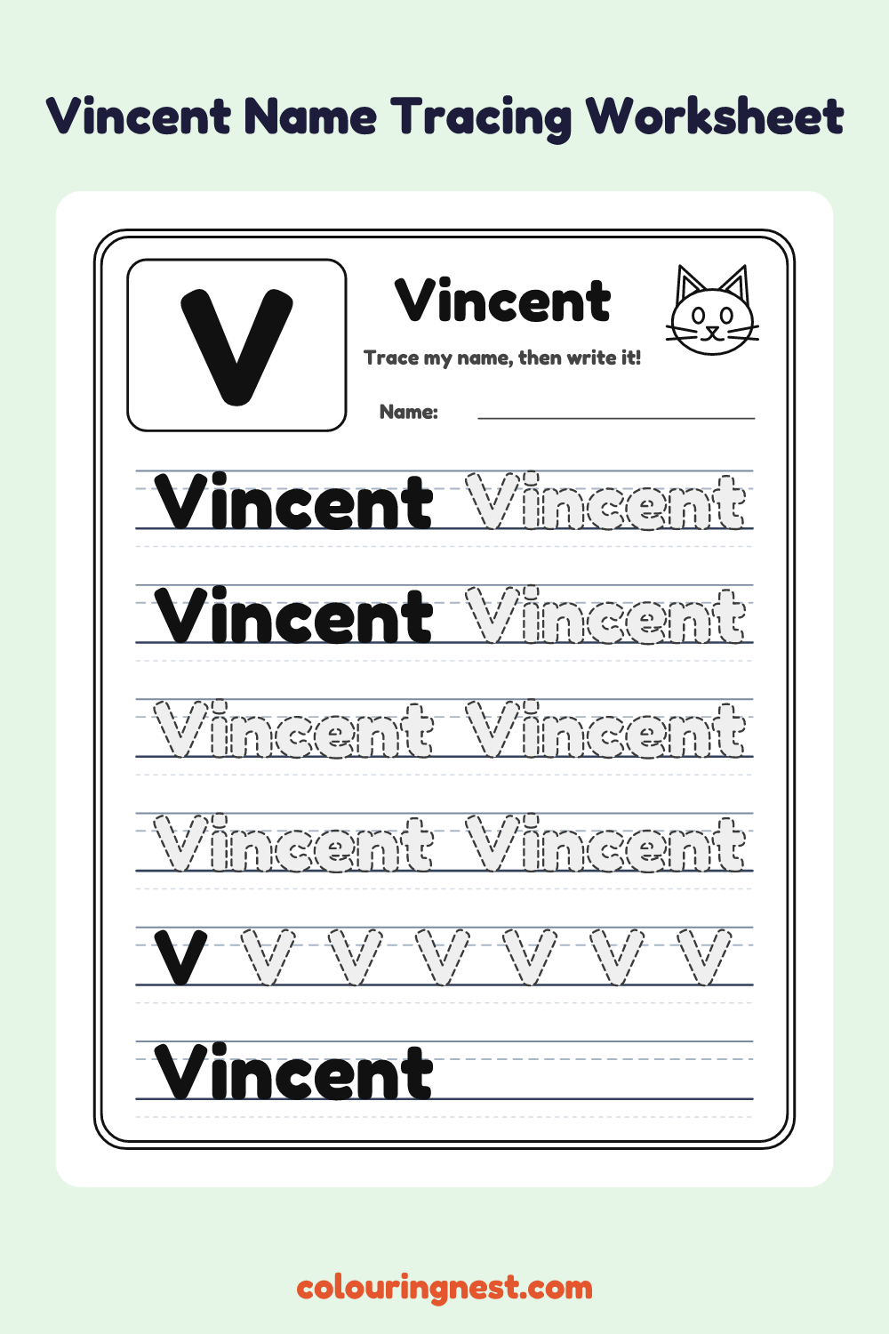 Vincent Name Tracing Worksheet: free printable black-and-white line art