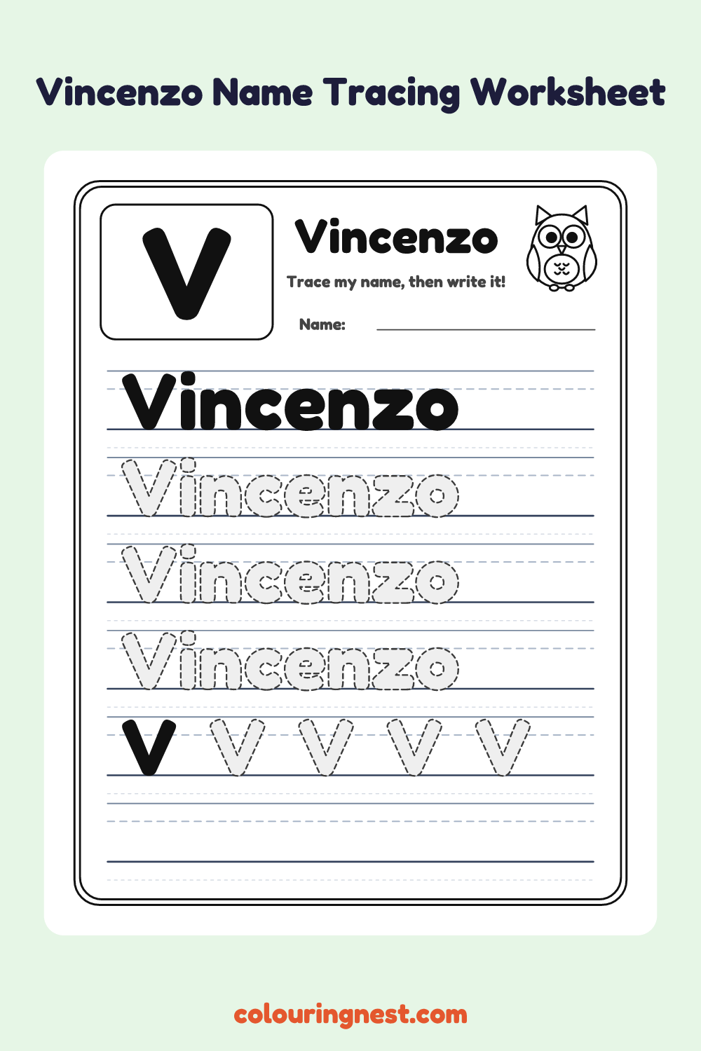 Vincenzo Name Tracing Worksheet: free printable black-and-white line art