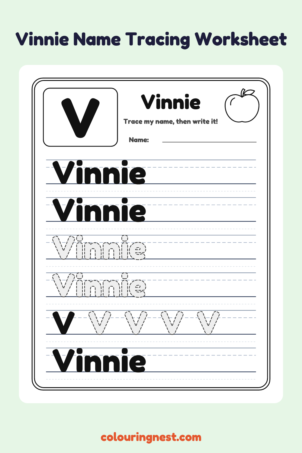 Vinnie Name Tracing Worksheet: free printable black-and-white line art