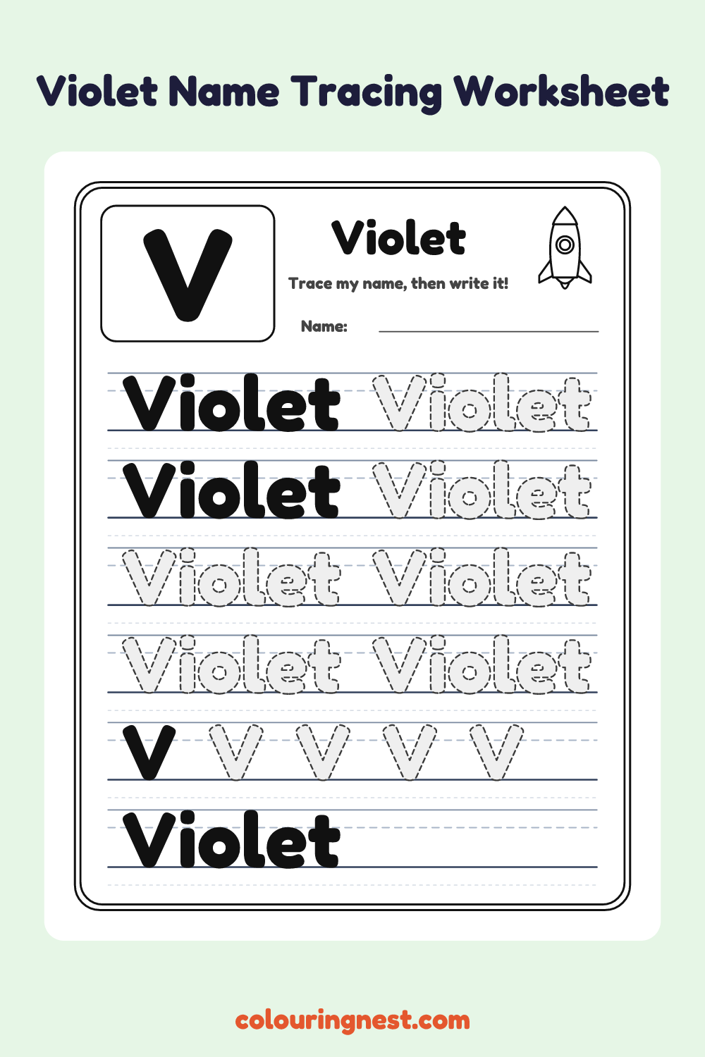 Violet Name Tracing Worksheet: free printable black-and-white line art