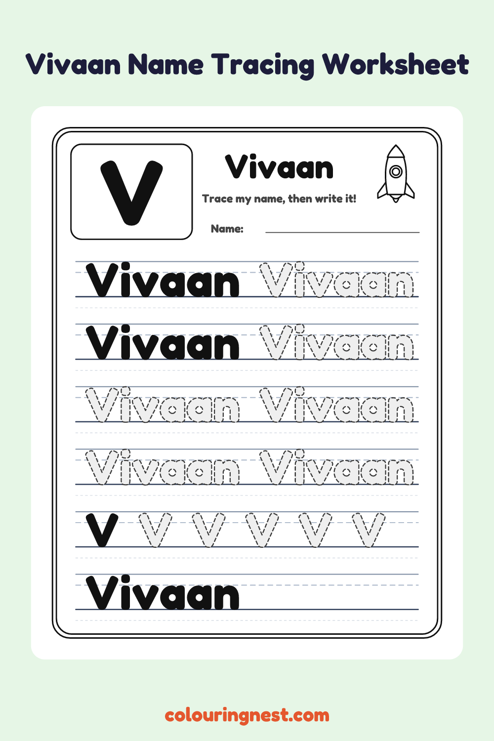 Vivaan Name Tracing Worksheet: free printable black-and-white line art