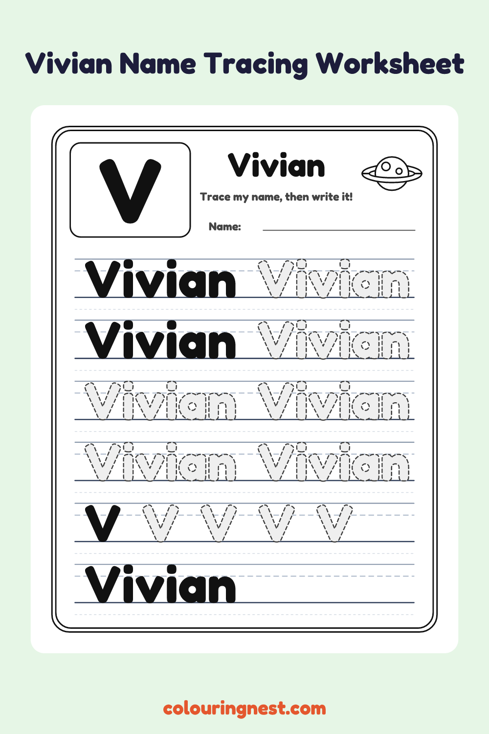 Vivian Name Tracing Worksheet: free printable black-and-white line art