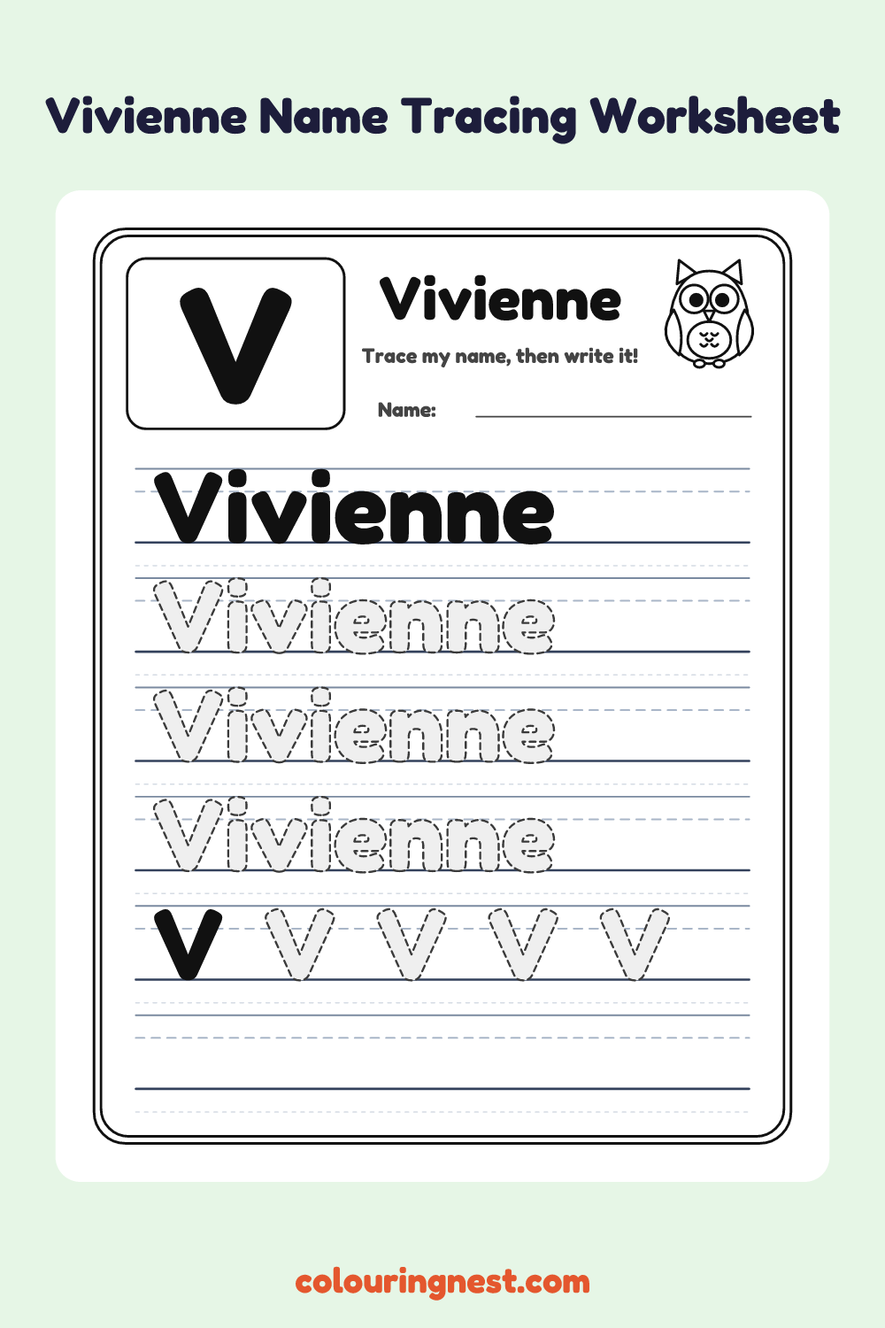 Vivienne Name Tracing Worksheet: free printable black-and-white line art