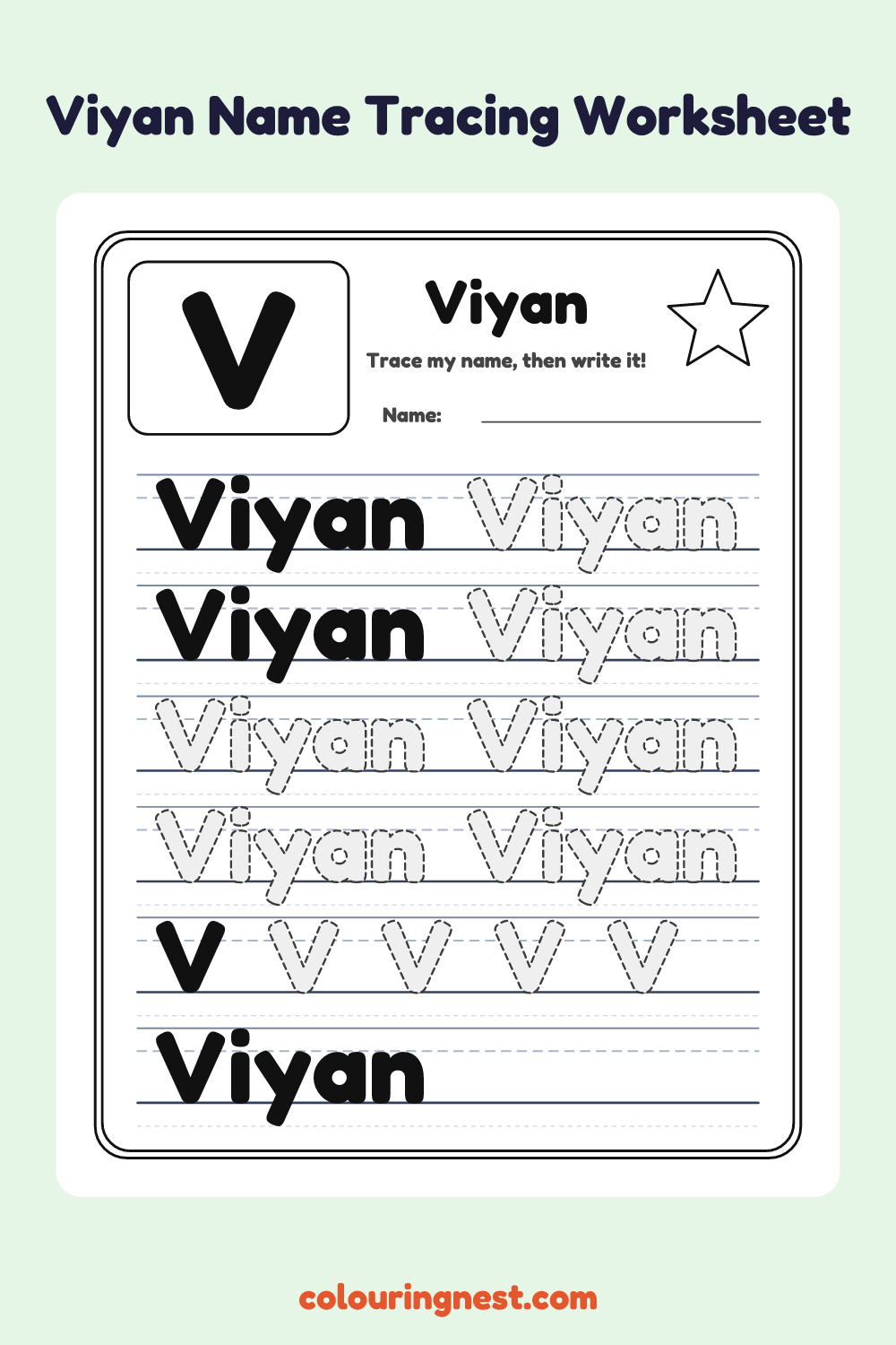 Viyan Name Tracing Worksheet: free printable black-and-white line art