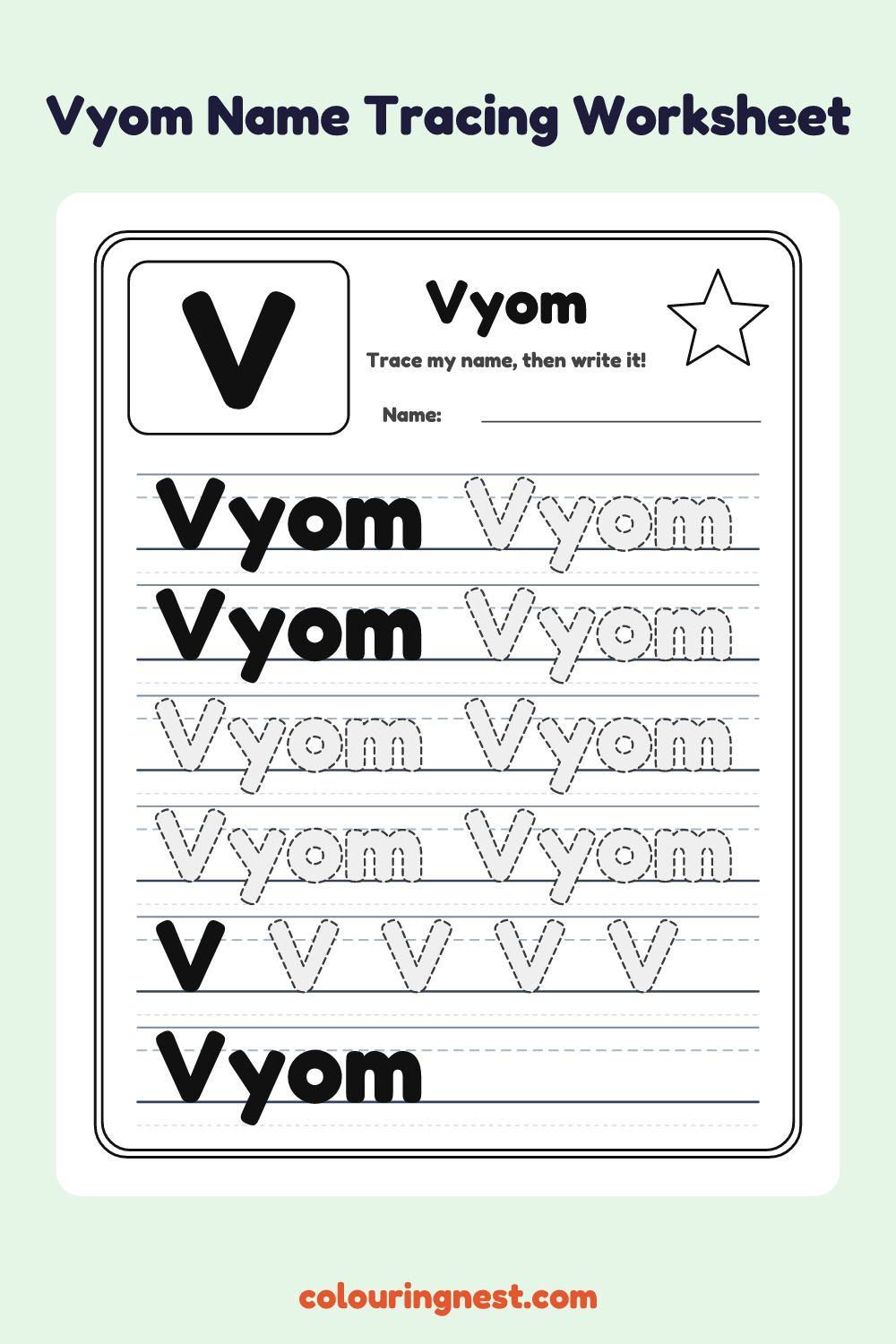 Vyom Name Tracing Worksheet: free printable black-and-white line art