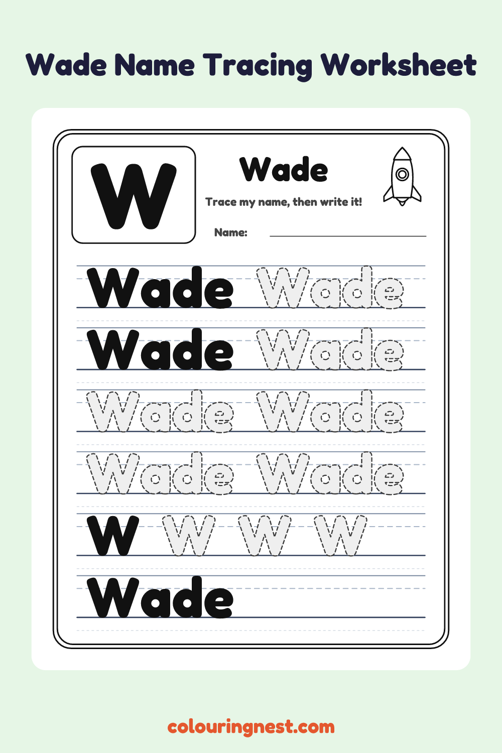 Wade Name Tracing Worksheet: free printable black-and-white line art