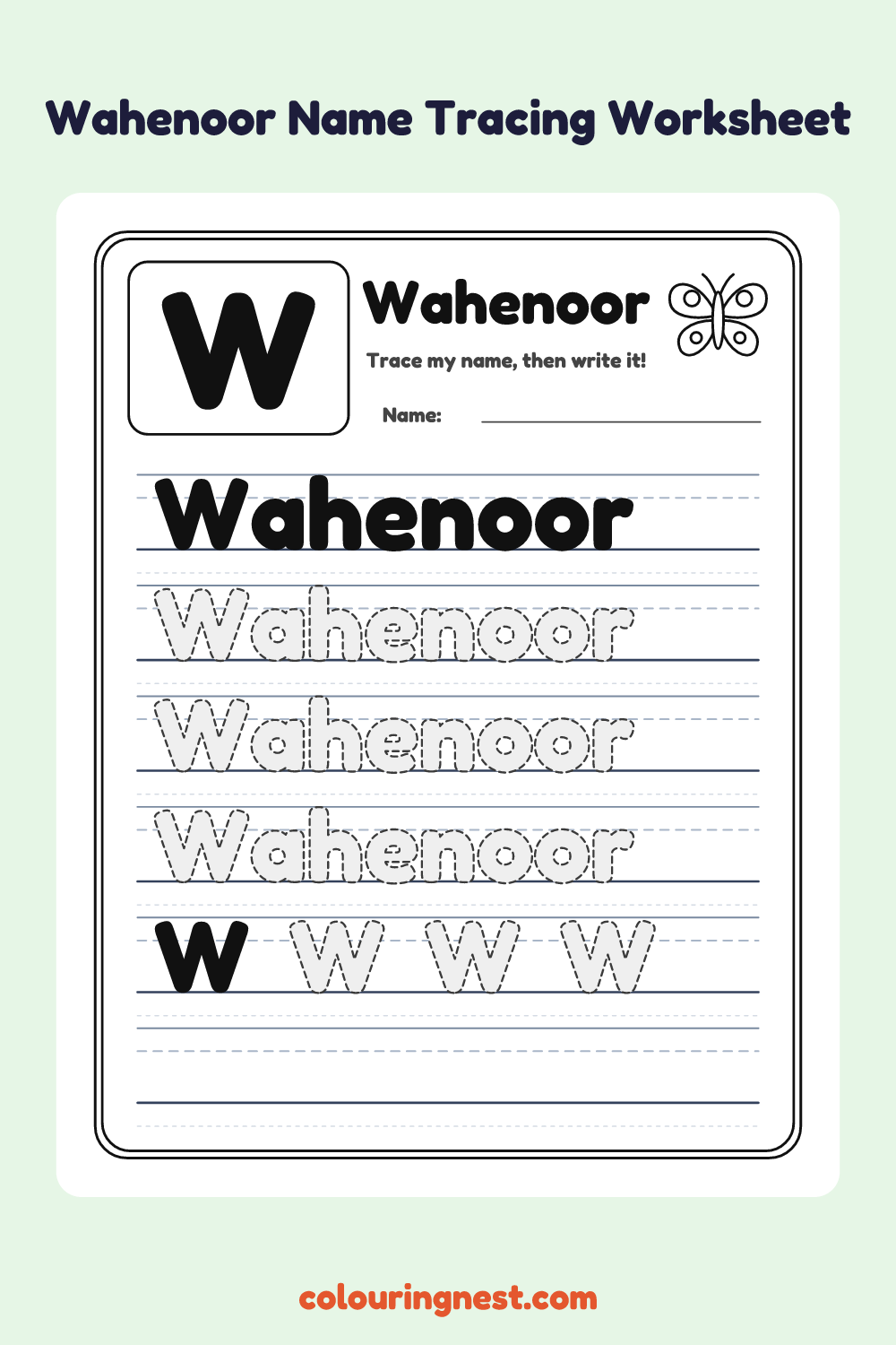 Wahenoor Name Tracing Worksheet: free printable black-and-white line art