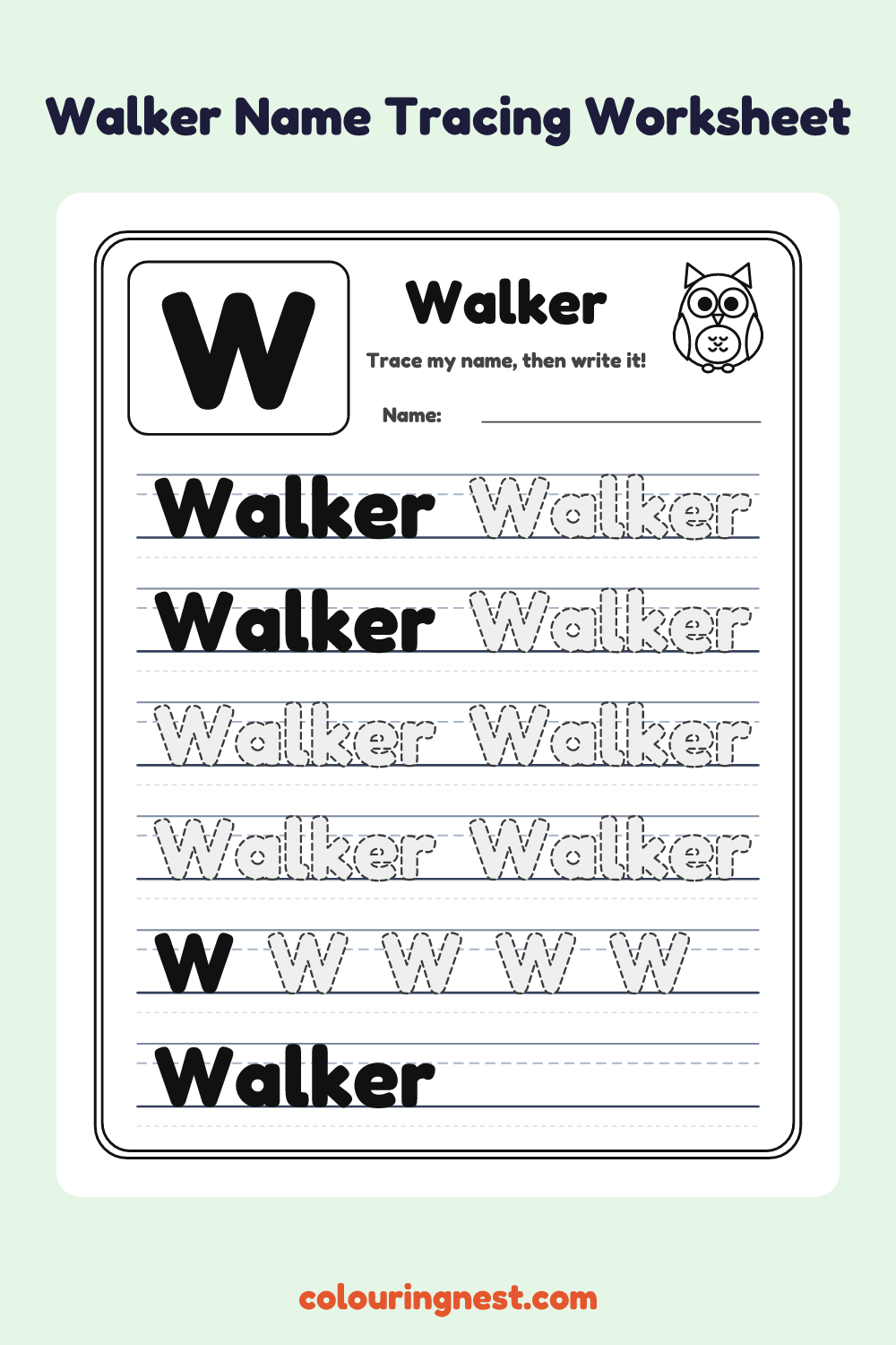 Walker Name Tracing Worksheet: free printable black-and-white line art
